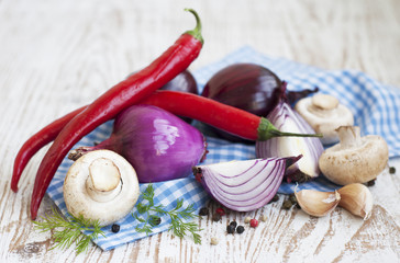 chilis, red onion,  mushrooms and garlic