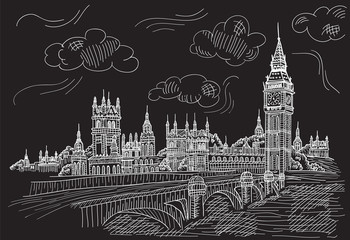 Big Ben tower in London. Vector illustration of popular attraction. Sketch illustration on the black background. Beautiful landscape of sightseeing. Clock tower with bridge. Palace of Westminster