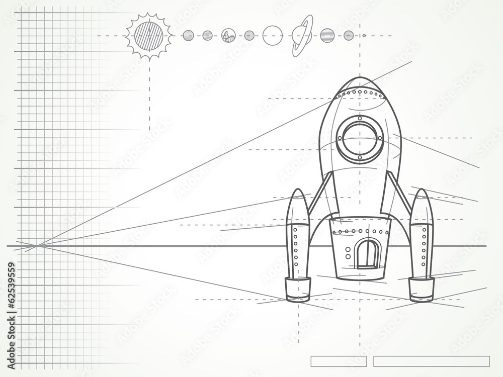 Leinwandbilder blueprint with spaceship scheme and planets