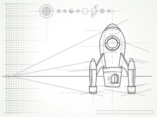Naklejka premium blueprint with spaceship scheme and planets