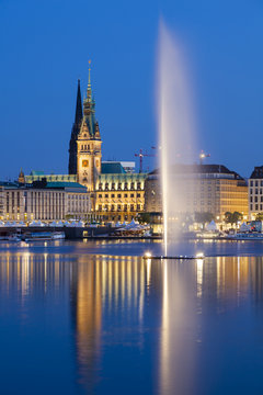Hamburg Alster Fountain At Night