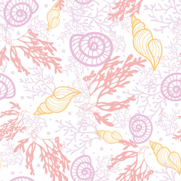 Vector seashells and seaweed seamless pattern background with