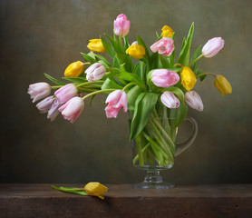 Still life with colorful tulips