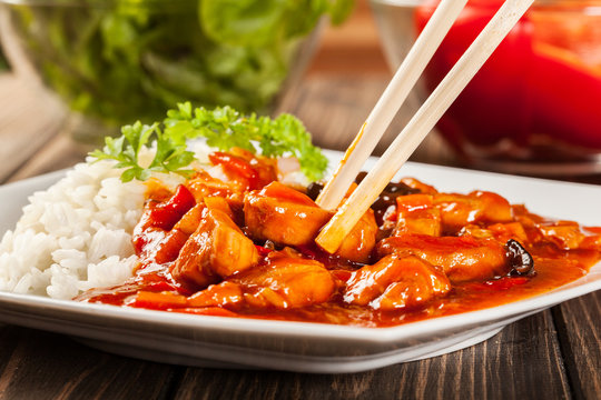 Sweet and sour chicken with rice