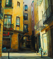 court yard in gothic quarter of barcelona, painting, illustratio