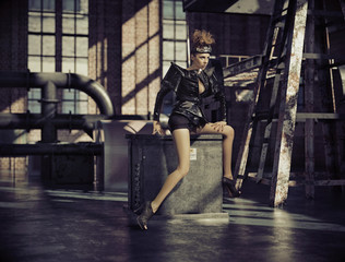 Fancy dressed woman in empty factory