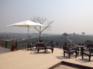 Table and chairs standing at tea plantation