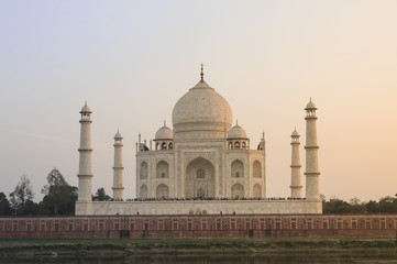 Taj Mahal from across the Yamuna river during sunset