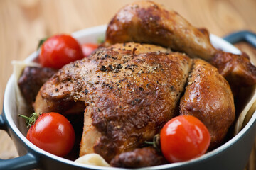 Close-up of baked chicken with mini tomatoes, studio shot