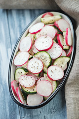Radish and cucumber salad, high angle view