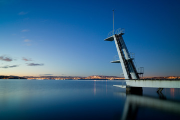 Ingjerstrand Diving Tower. Lights from Oslo behind.