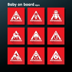 Vector flat baby on board sign set