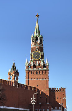 Spasskaya tower of Moscow Kremlin. Red square, Moscow, Russia