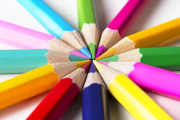 Set of drawing multi colour pencils with copy space