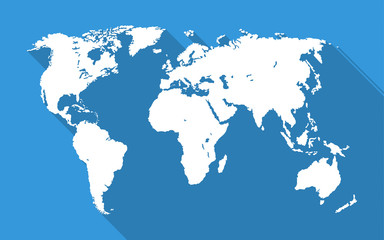 World map with long shadow on blue background