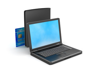 Laptop, credit card and black leather wallet