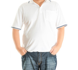 man in white polo t-shirt on a white background