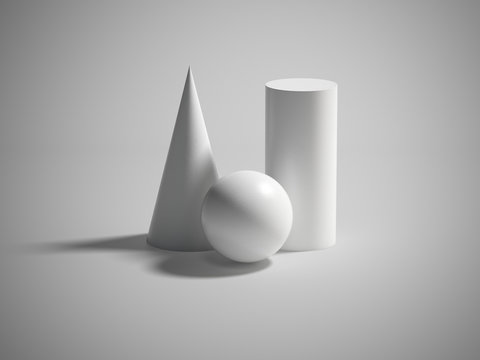 Paint primitives. 3d geometric figures: cone, sphere, cylinder