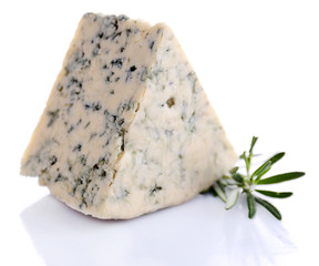Tasty blue cheese with rosemary, isolated on white