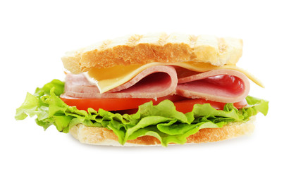 Tasty sandwich with ham, isolated on white