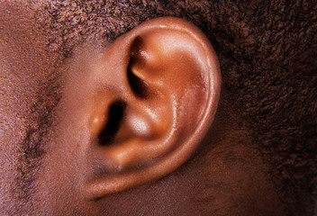 Black male ear - obrazy, fototapety, plakaty