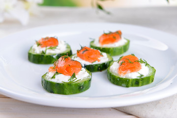 Delicious canapes on table close-up