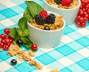 Small bowls with muesli and fresh berries on tablecloth