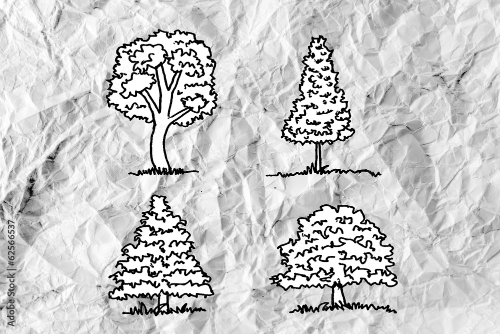 Poster Set of trees with leaves on crumpled paper