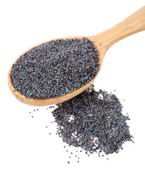 Poppy seeds in spoon isolated on white