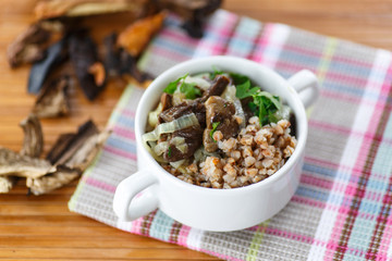 Boiled buckwheat with mushrooms