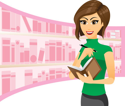 Girl writing in notebook with library background