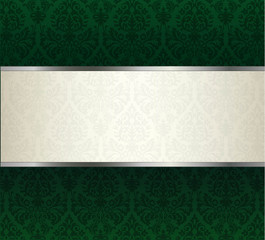 Green damask ornament with silver ribbon