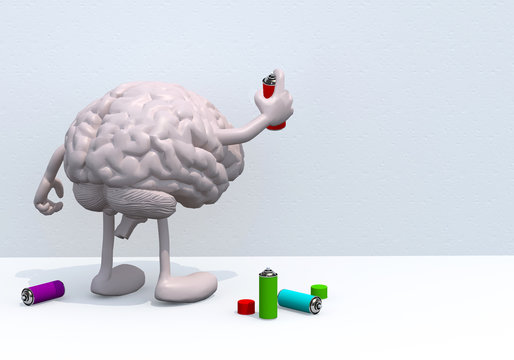 brain with arms, legs and spray can in hand