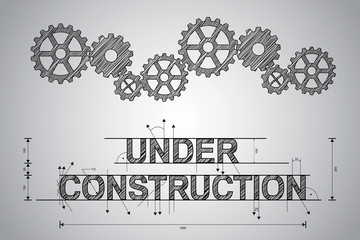 Under construction concept, sketched drawing with gear wheels.