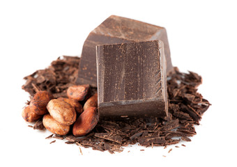Dark chocolate and cocoa beans over White