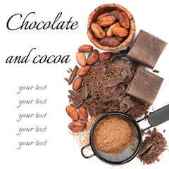 Chocolate, cocoa beans and cocoa powder on white background