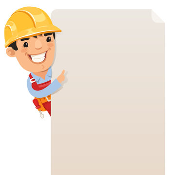 Builder looking at blank poster