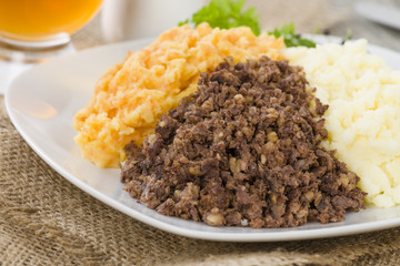 Haggis, Neeps & Tatties - Traditional Scottish meal.