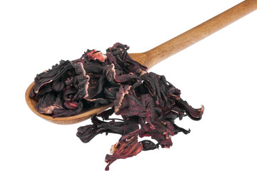 Wooden spoon with dried hibiscus