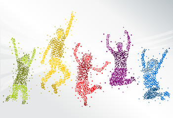 Group of colorful happy people jumping