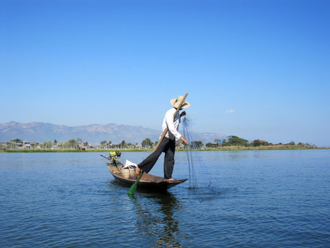 traditional asian fisherman on Inle Lake Myanmar