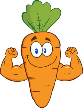 Cute Carrot Cartoon Character Showing Muscle Arms