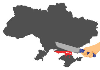 Map of Ukraina and hand with knife separating the Krym - obrazy, fototapety, plakaty