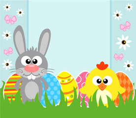 Holiday Easter background card with  rabbit and chicken