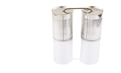 Tin can telephone over white background