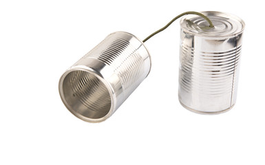 Tin can telephone over white background