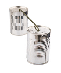 Tin can telephone over white background