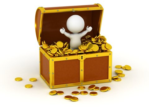 3D Character Inside Treasure Chest With Gold Coins