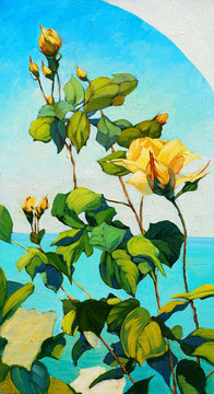 bush of white roses, painting by oil on canvas,  illustration