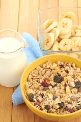 Delicious and healthy cereal in bowl with milk